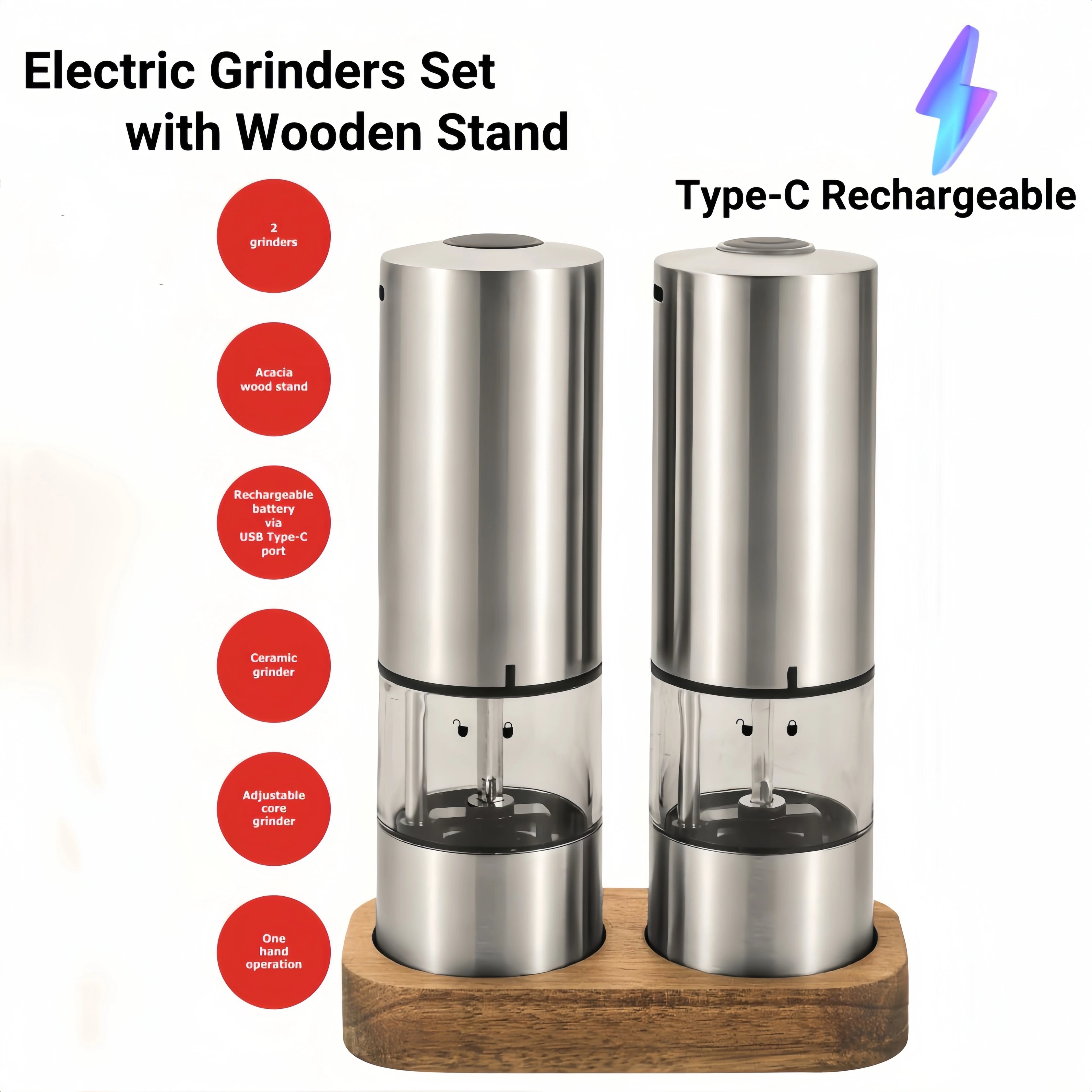 Electric Salt & Pepper Grinder – Type-C Rechargeable, Ceramic Core, LED Light