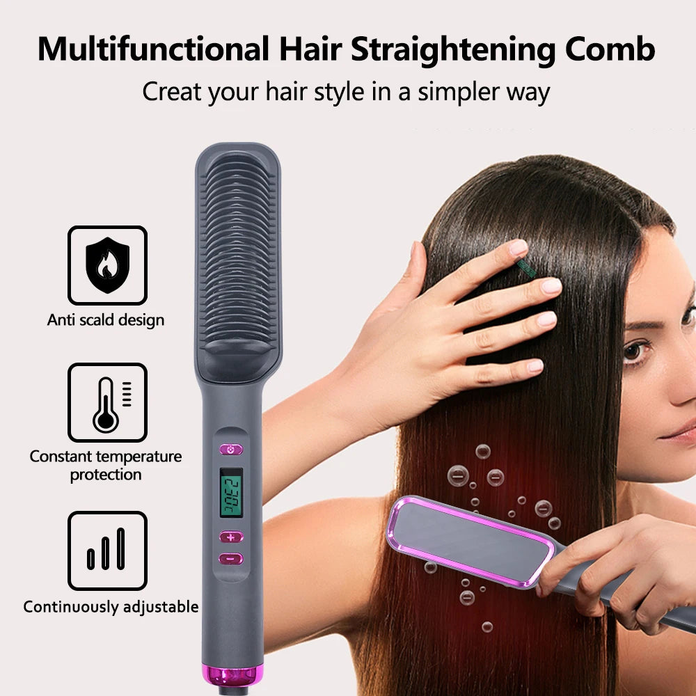 2-in-1 Ceramic Negative Ion Electric Hair Straightener Brush