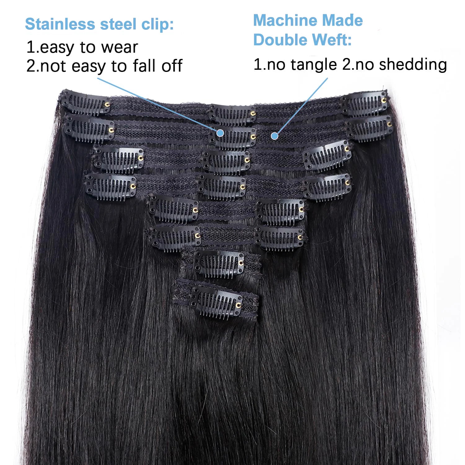 Straight Remy Human Hair Clip-In Extensions – Full Head Set, 8 Pieces