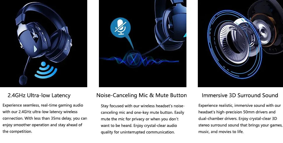 Multi-Mode Wireless Gaming Headset with Detachable Noise-Cancelling Mic