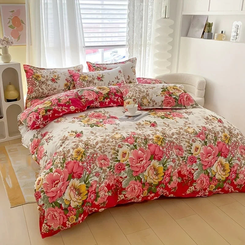 3 Pcs Floral Duvet Cover Set with Zipper Closure - 1 Duvet Cover and 2 Pillowcases