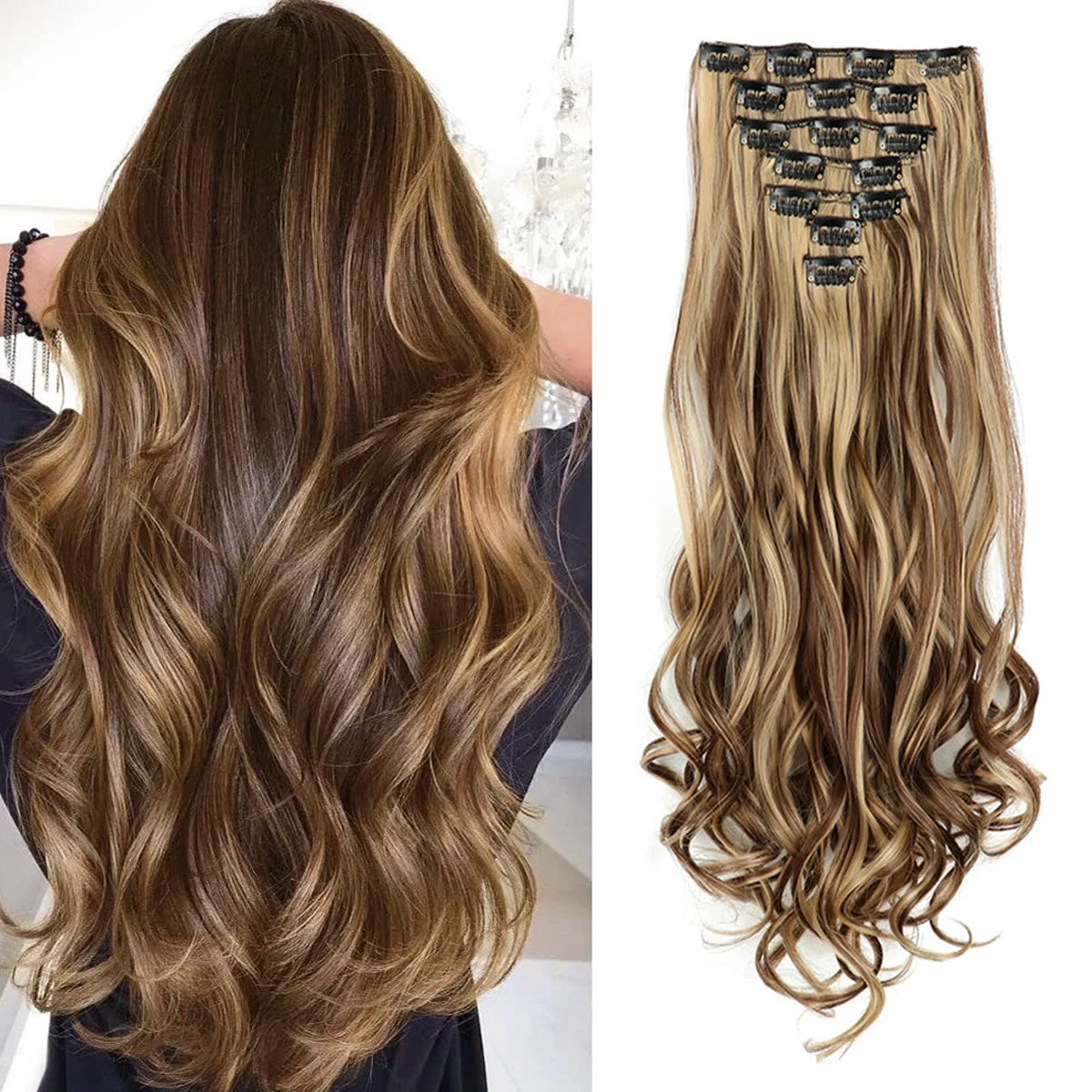 Curly Wavy Clip-In Hair Extensions – Full Head Set, 7 Pieces
