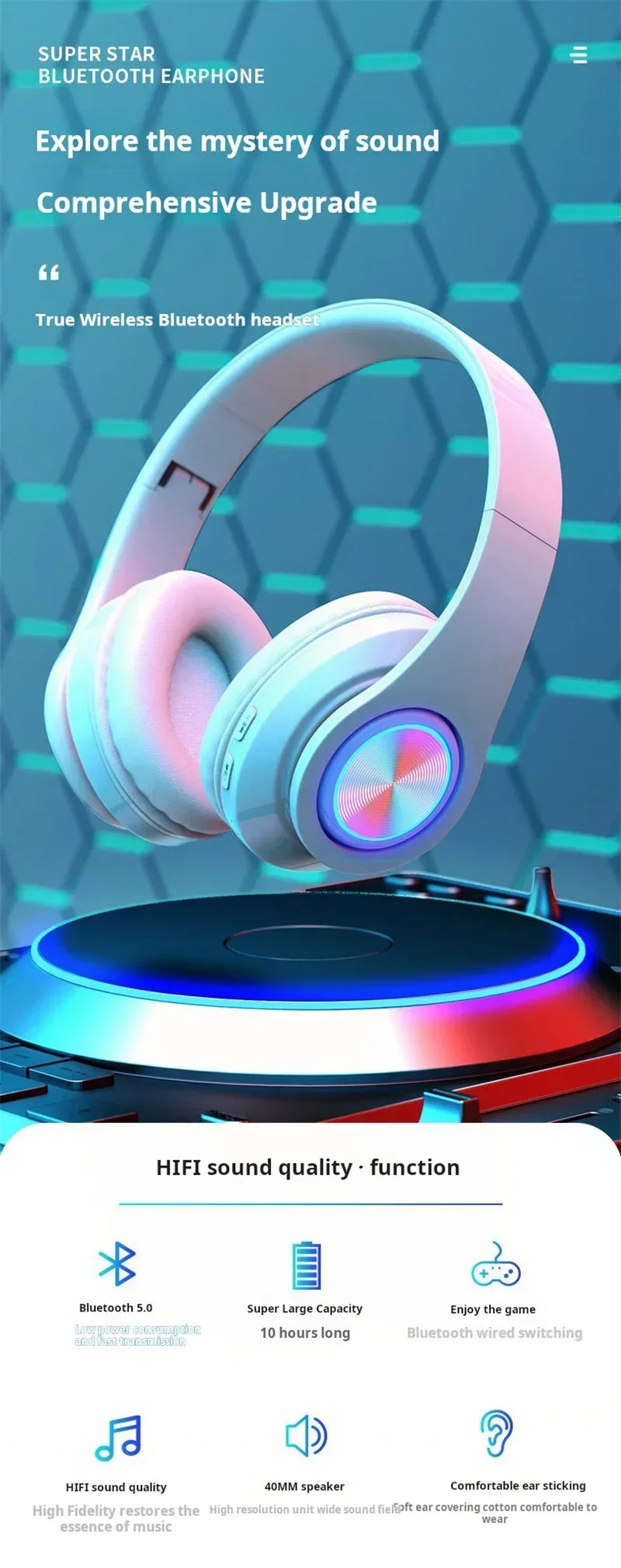 Wireless Bluetooth Gaming Headphones with Mic & RGB Lighting