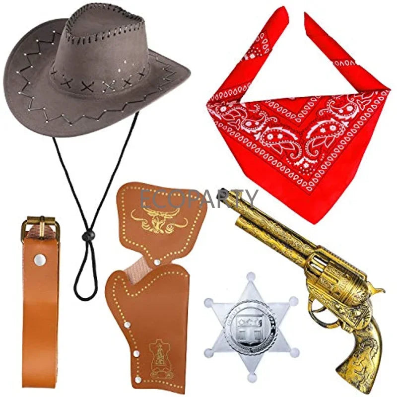 6-Piece Cowboy Costume Accessories Set - Hat, Bandanna, Toy Guns & Belt Holsters