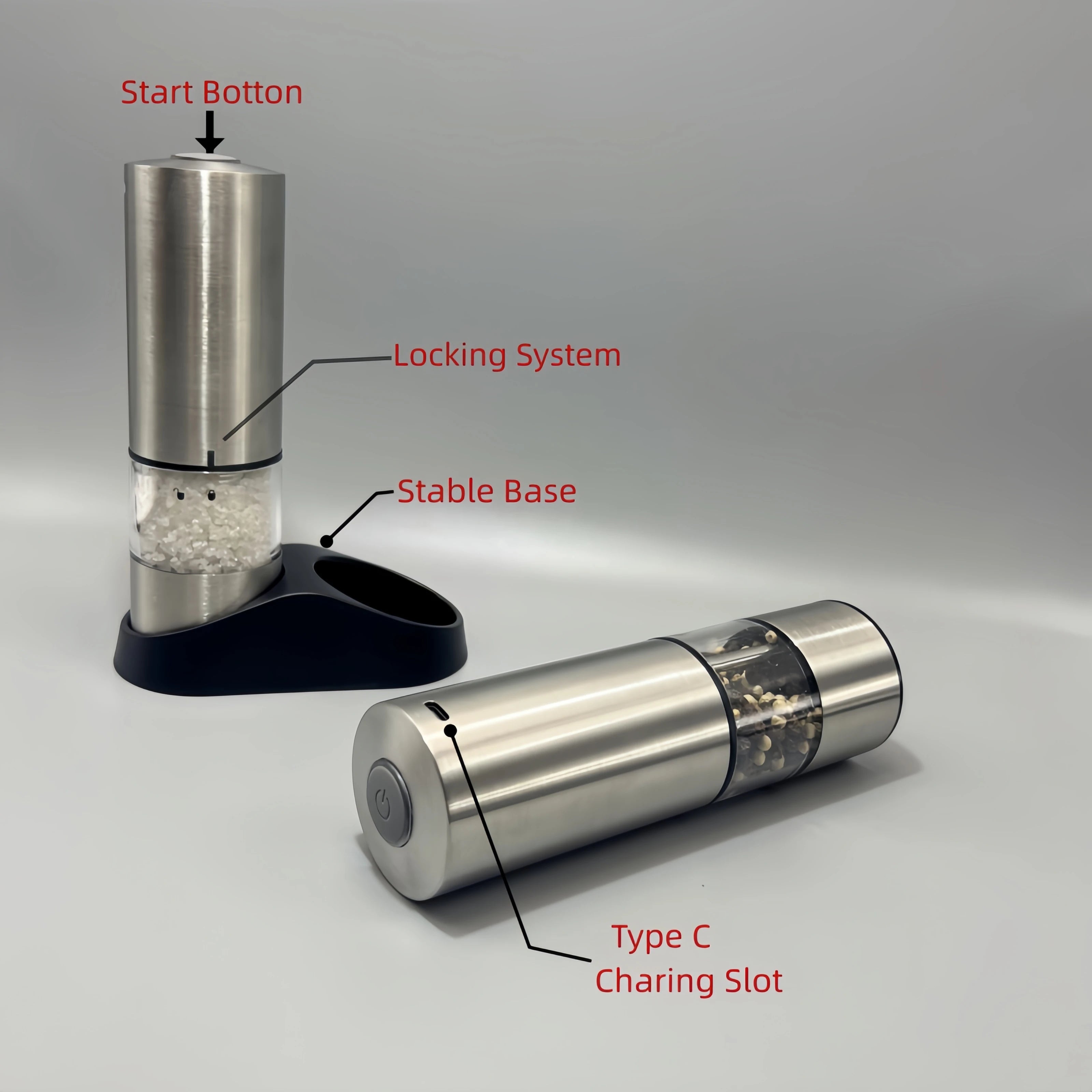 Electric Salt & Pepper Grinder – Type-C Rechargeable, Ceramic Core, LED Light