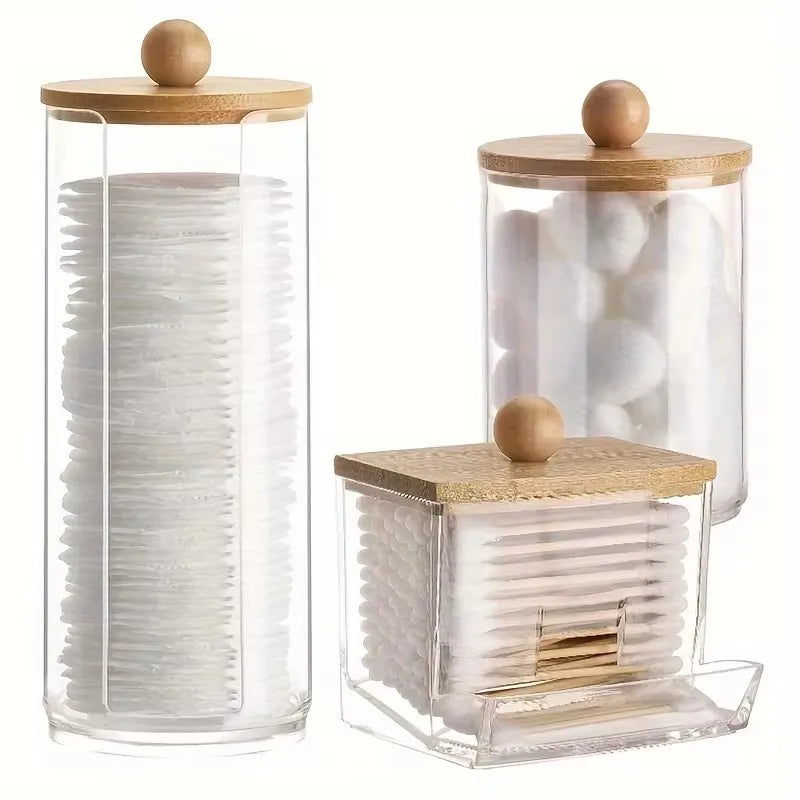 Bathroom Organiser Set - Makeup Storage Jars & Cotton Swab Dispenser