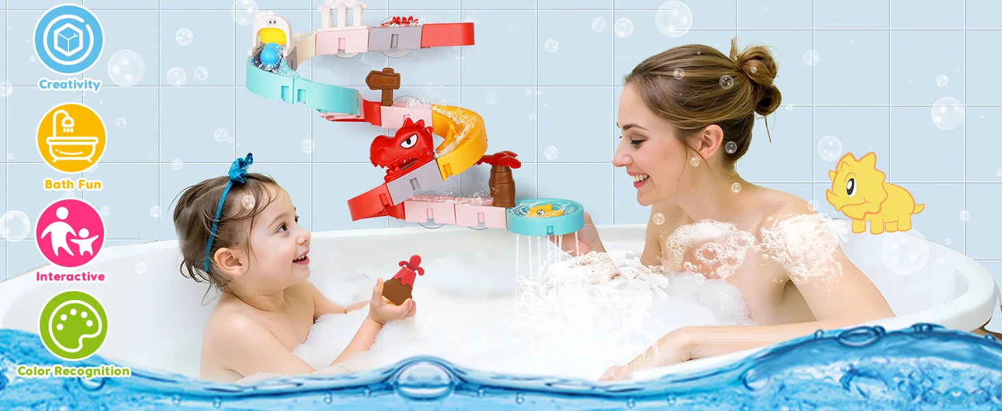 Kids DIY Bath Toy - Building Water Slide & Dinosaur Tracks