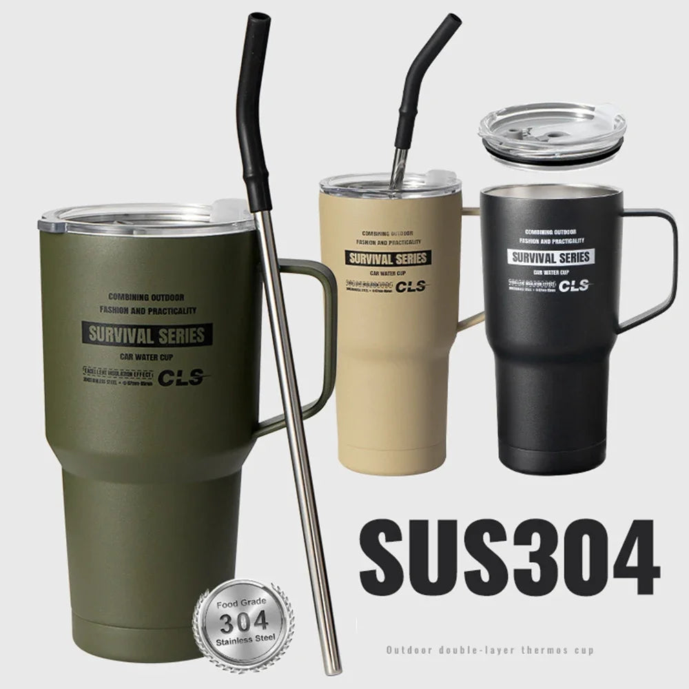 900ml Stainless Steel Insulated Tumbler with Handle, Lid & Straw