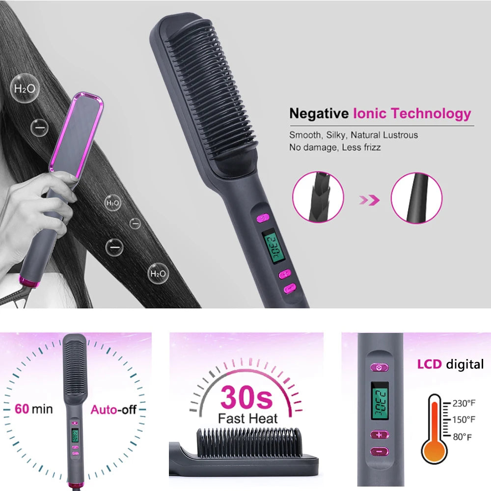 2-in-1 Ceramic Negative Ion Electric Hair Straightener Brush