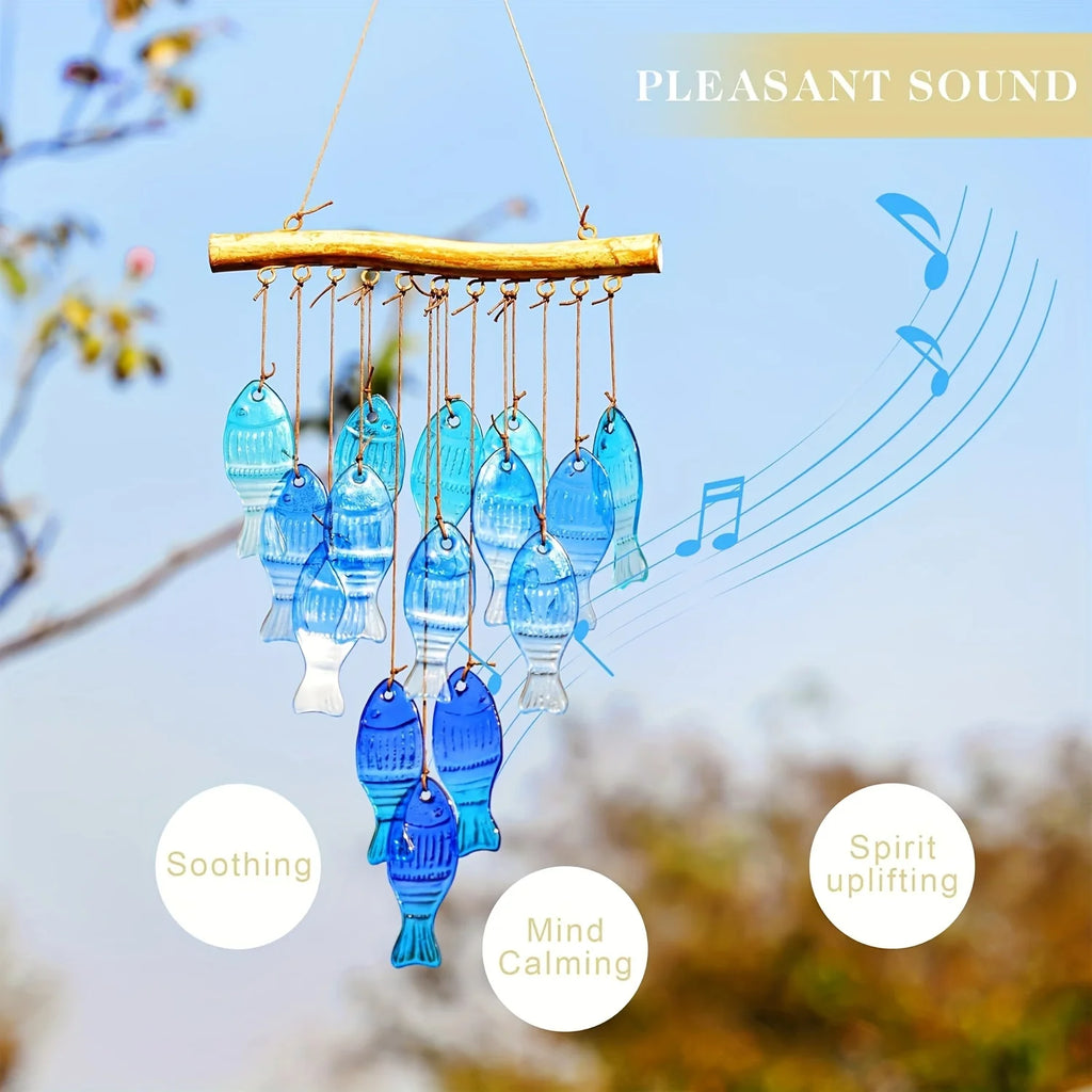 Handcrafted Blue Glass Fish Wind Chimes