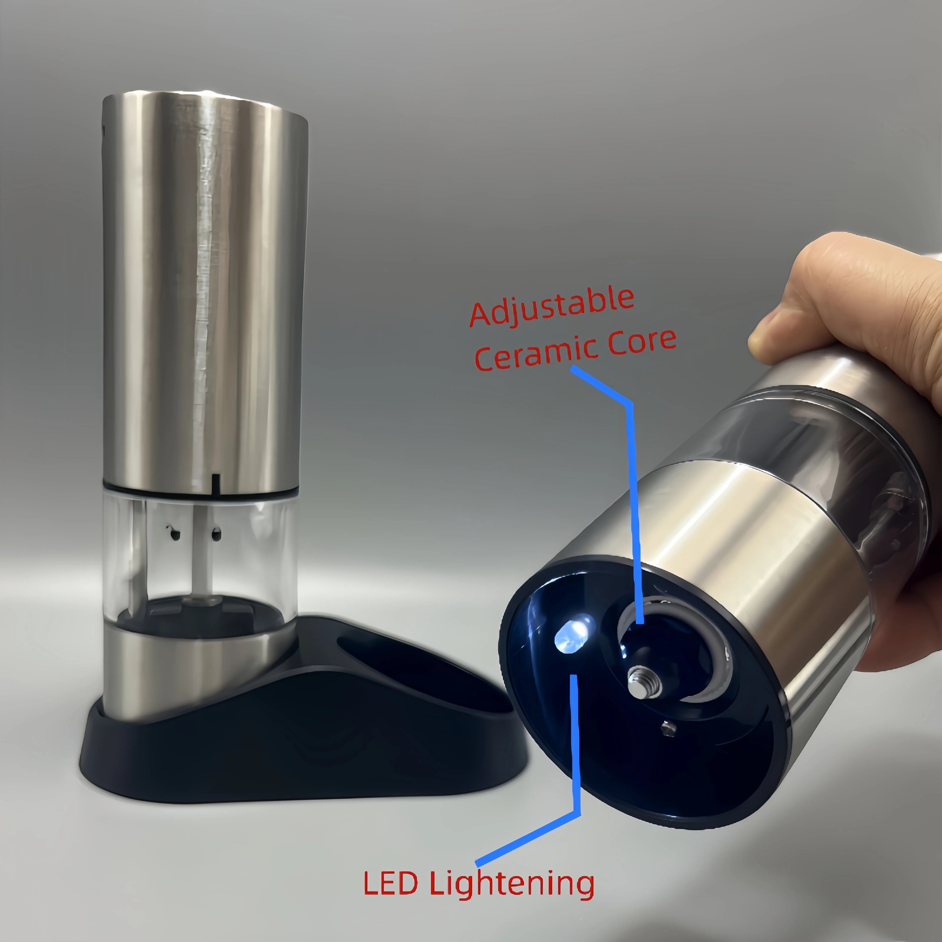 Electric Salt & Pepper Grinder – Type-C Rechargeable, Ceramic Core, LED Light
