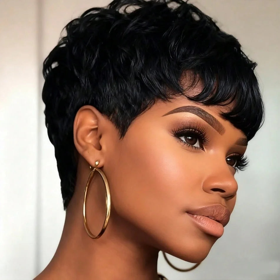 Peruvian Pixie Cut Human Hair Wig with Bangs – Short Natural Style