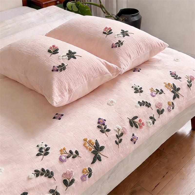 3 Pcs Premium Soft Duvet Cover Set - Embroidered Floral, Off-White