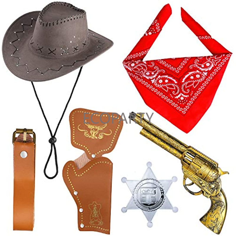 6-Piece Cowboy Costume Accessories Set - Hat, Bandanna, Toy Guns & Belt Holsters