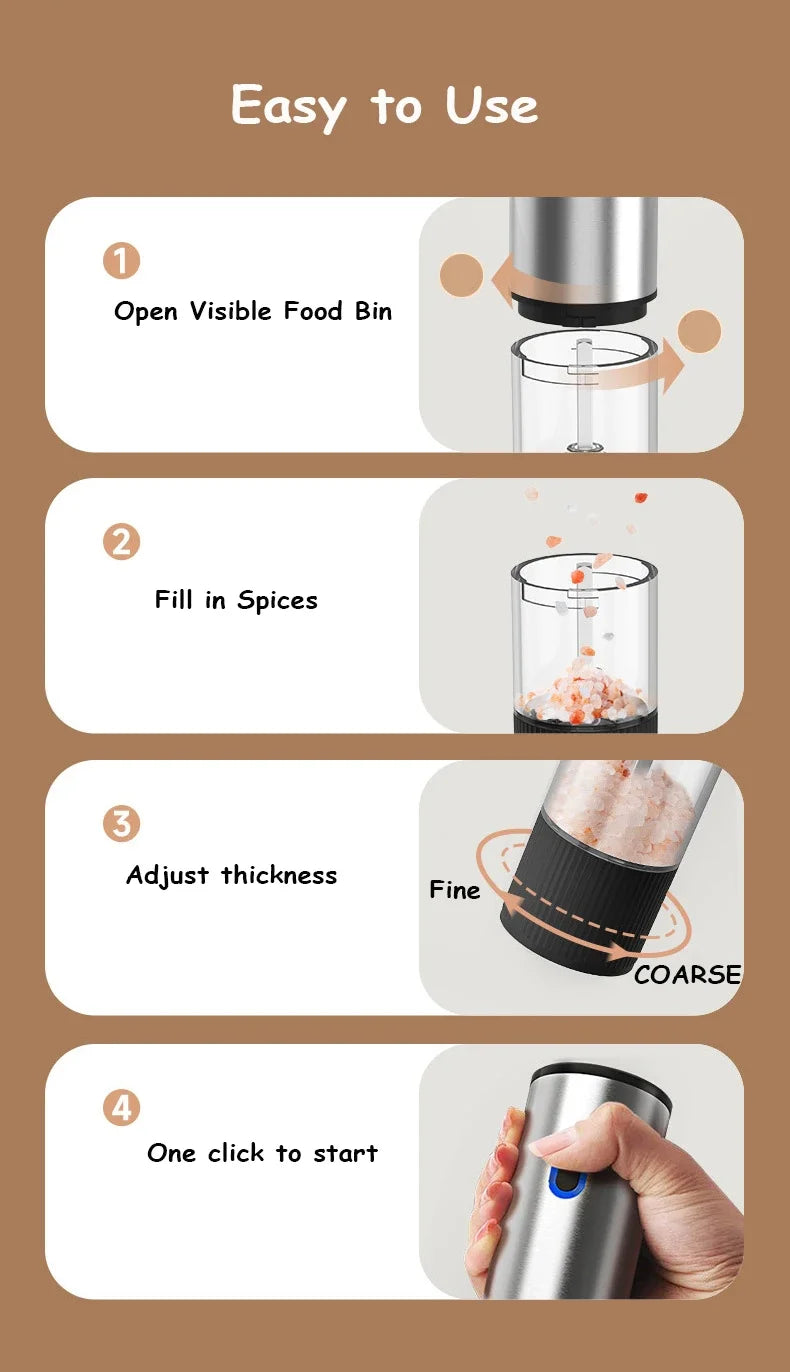 Electric Salt & Pepper Grinder – Rechargeable, Adjustable Coarseness