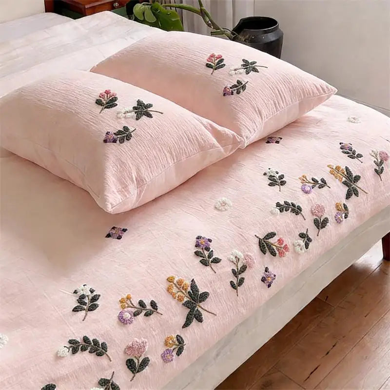 3 Pcs Premium Soft Duvet Cover Set - Embroidered Floral, Off-White