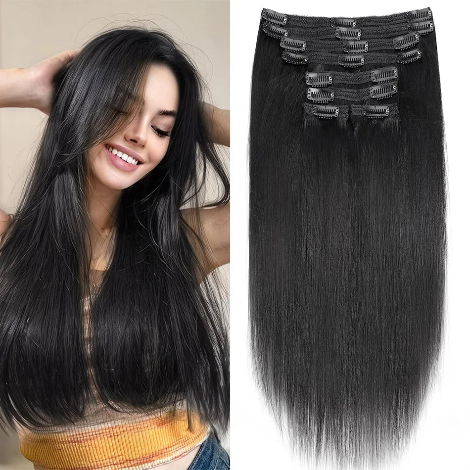 Straight Remy Human Hair Clip-In Extensions – Full Head Set, 8 Pieces
