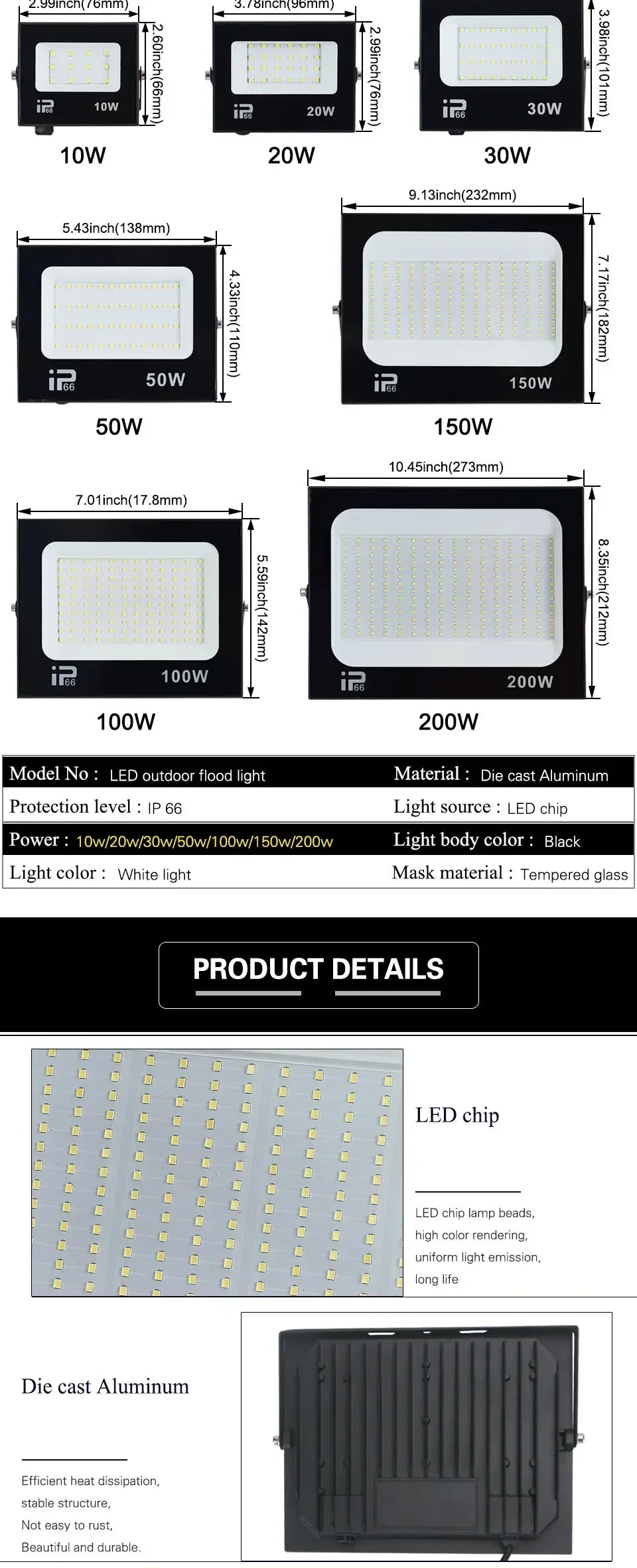 LED Flood Light - Spotlight 100W 150W 200W - Outdoor Lighting 6500K Waterproof - Lamps AC220V