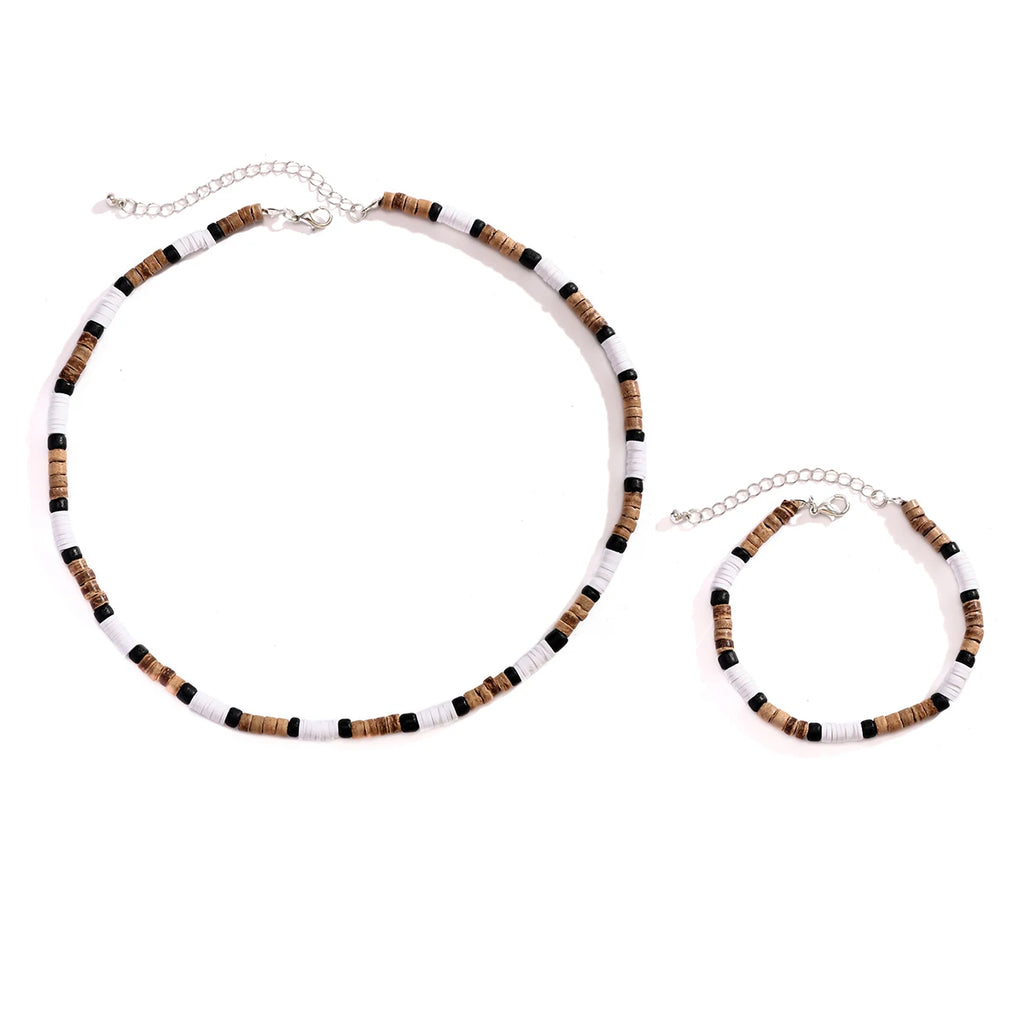 Trendy Men's Wood & Polymer Clay Bead Necklace & Bracelet Set