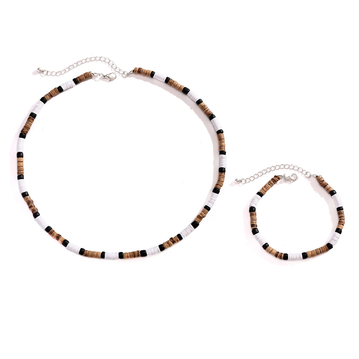 Trendy Men's Wood & Polymer Clay Bead Necklace & Bracelet Set