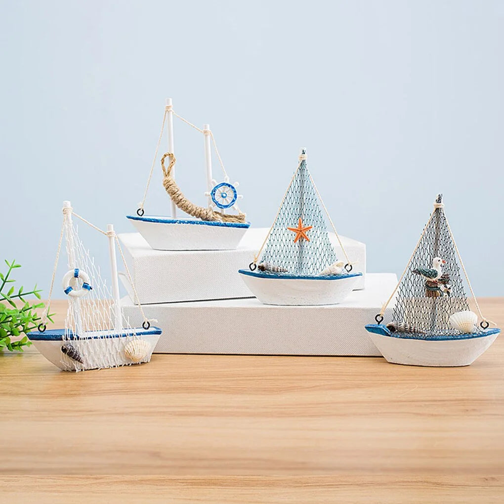 Mini Wooden Blue Sailing Boat – Mediterranean Style Décor