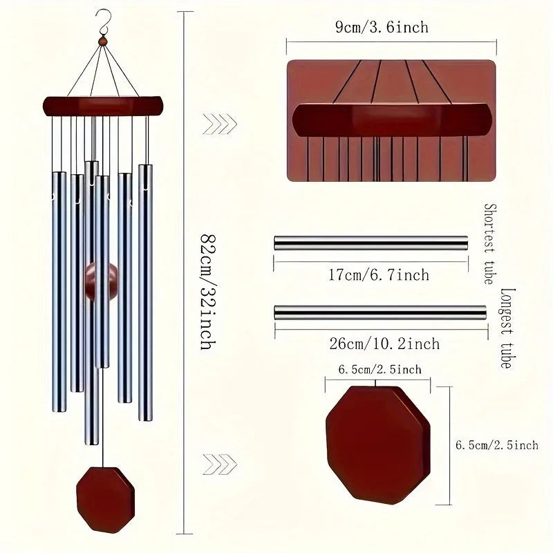 6-Tube Aluminium Metal Wind Chimes - Wooden Hanging Garden Ornament