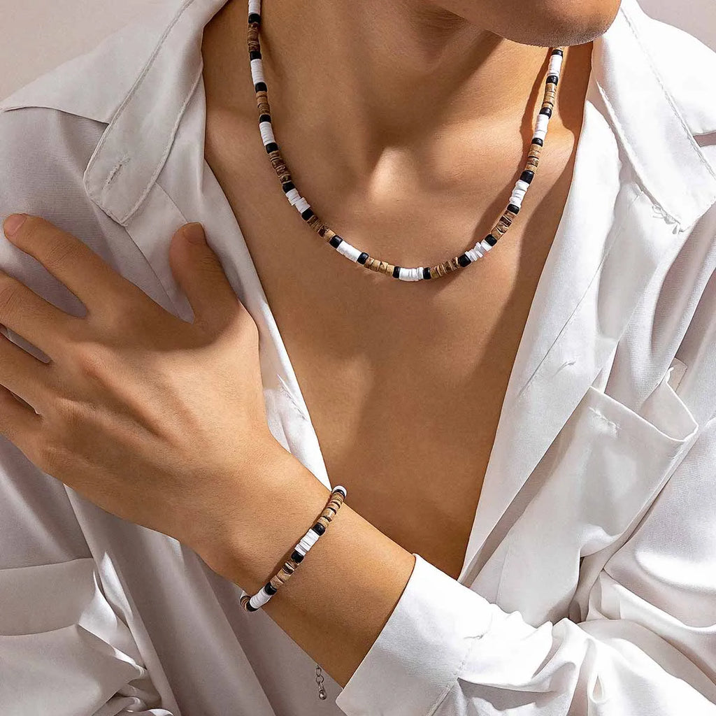Trendy Men's Wood & Polymer Clay Bead Necklace & Bracelet Set