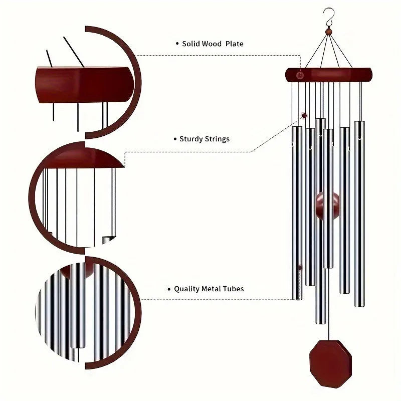 6-Tube Aluminium Metal Wind Chimes - Wooden Hanging Garden Ornament