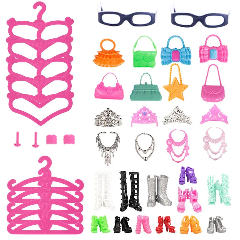 45-Piece Doll Accessories Set - Dresses, Shoes, Boots, Necklaces & Glasses (30cm Doll)