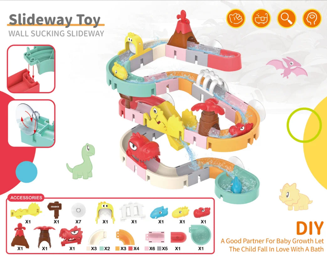 Kids DIY Bath Toy - Building Water Slide & Dinosaur Tracks