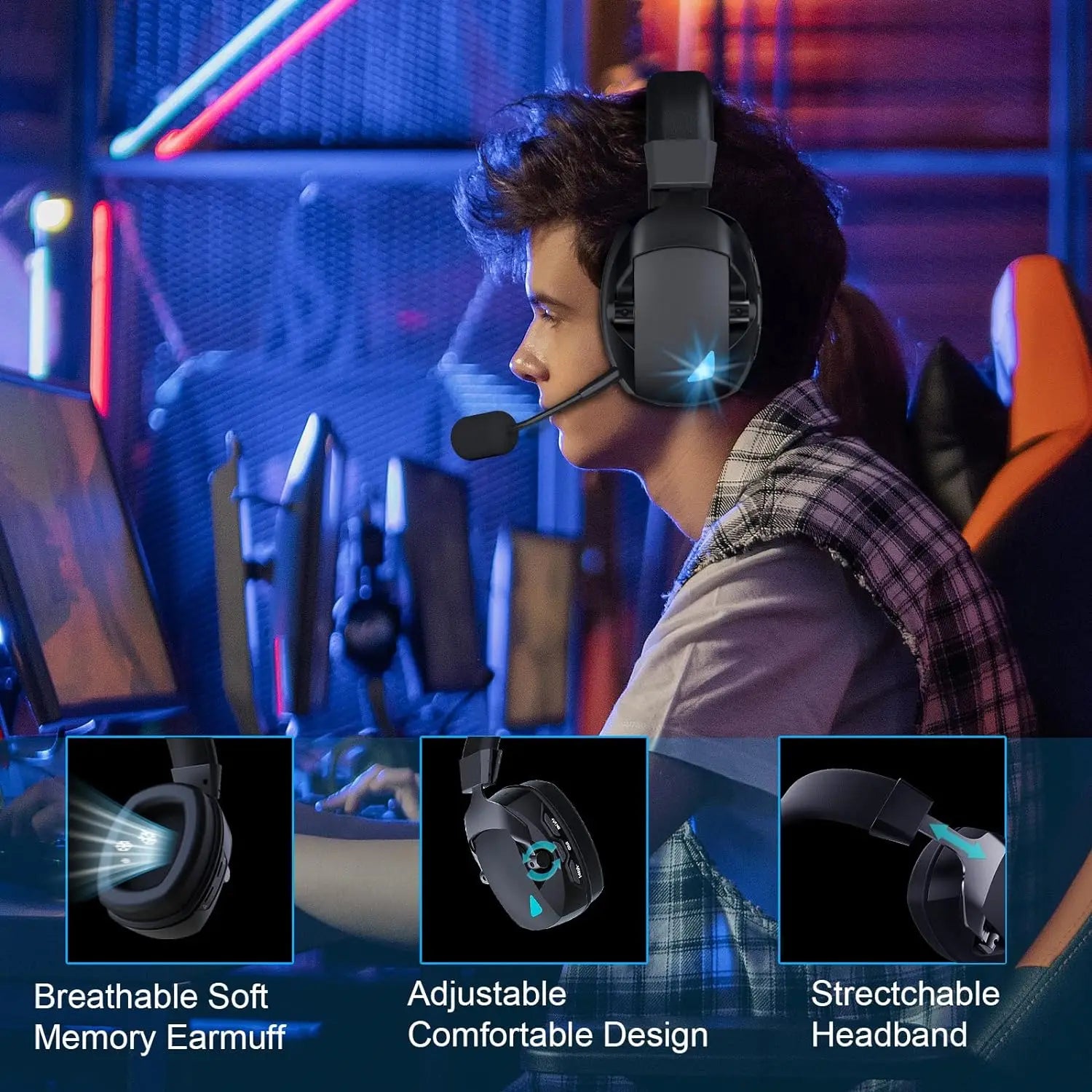 Multi-Mode Wireless Gaming Headset with Detachable Noise-Cancelling Mic