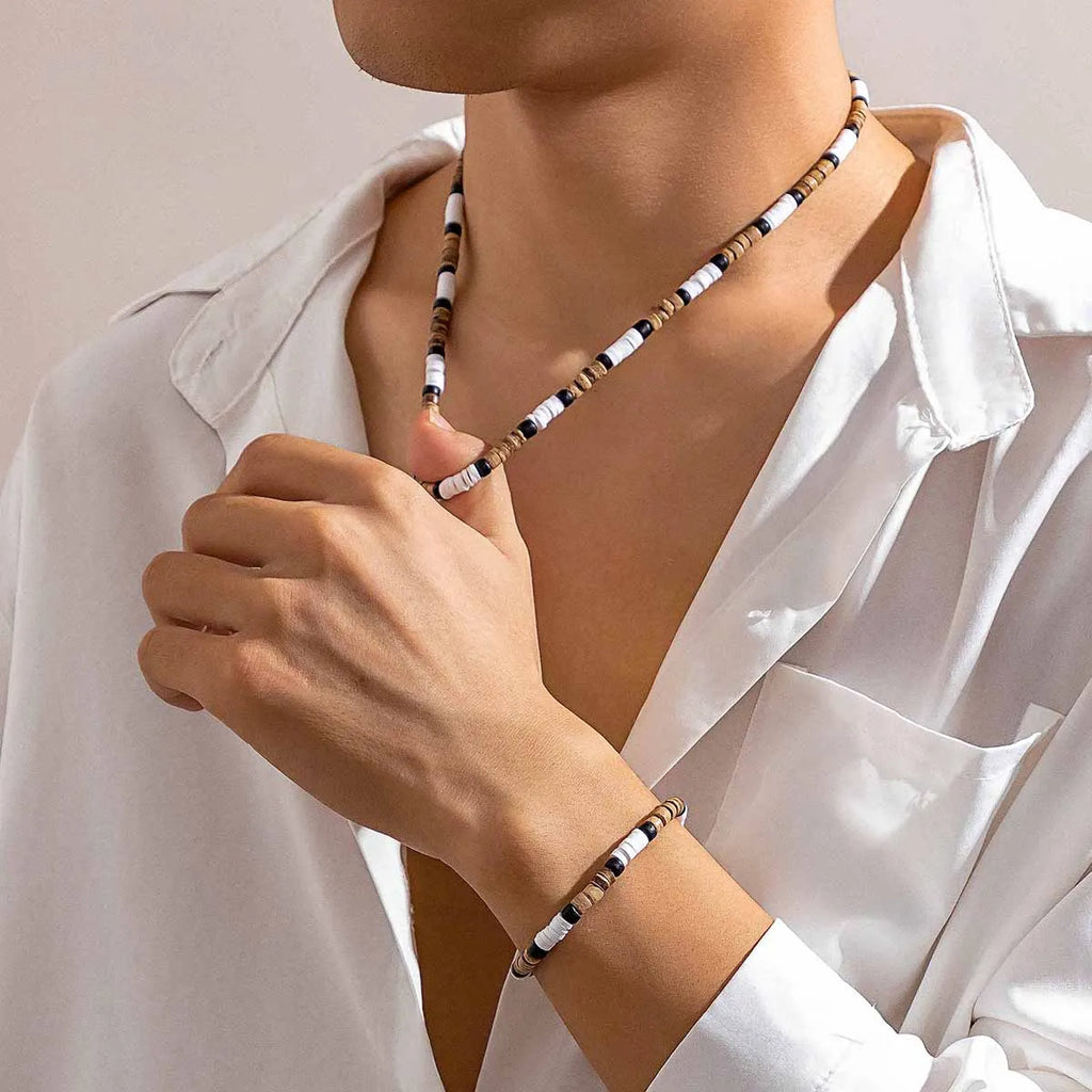Trendy Men's Wood & Polymer Clay Bead Necklace & Bracelet Set