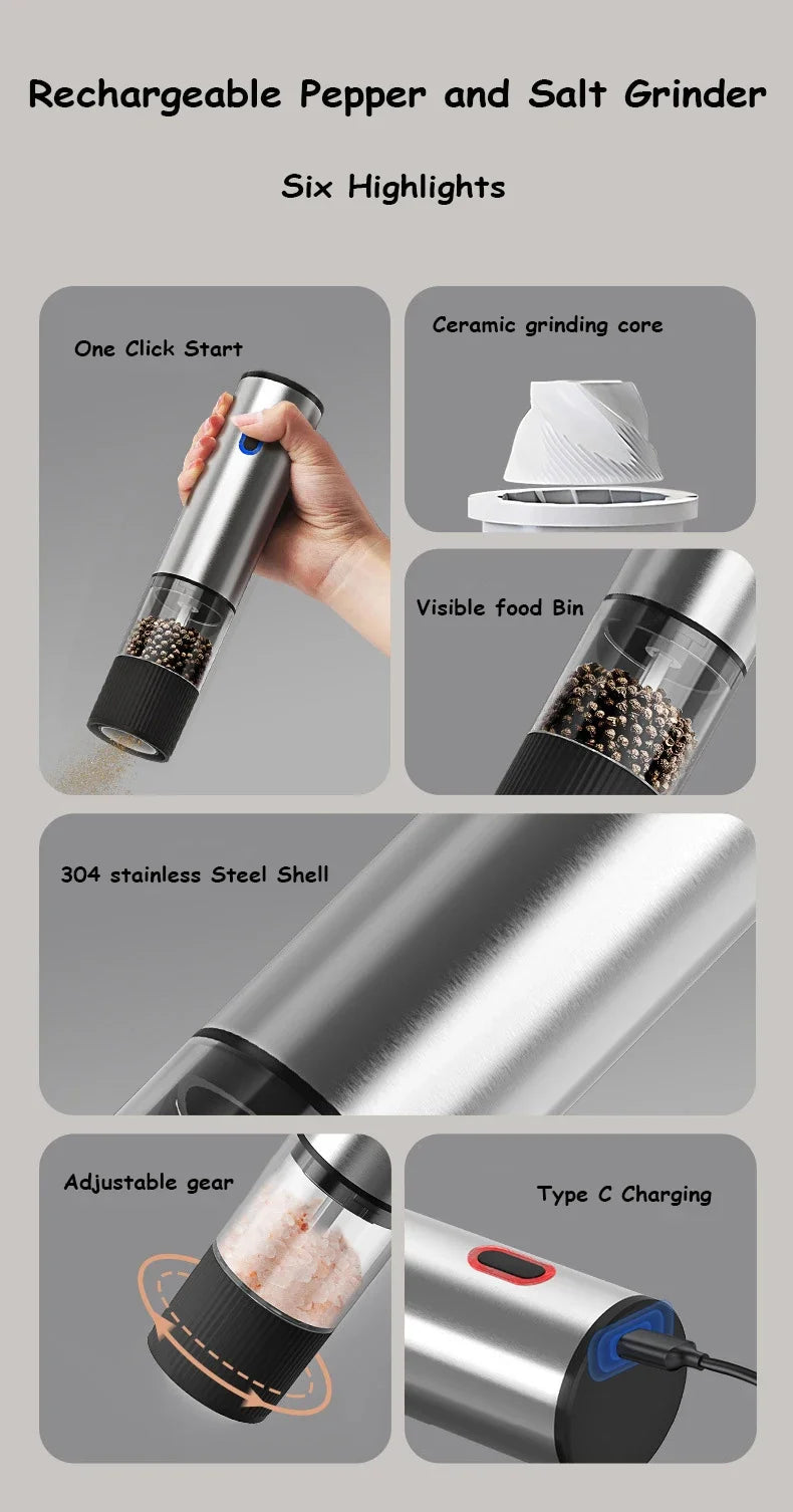 Electric Salt & Pepper Grinder – Rechargeable, Adjustable Coarseness