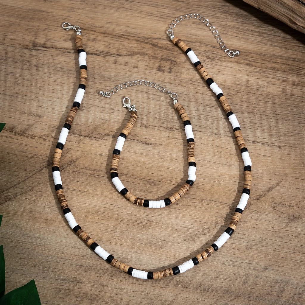 Trendy Men's Wood & Polymer Clay Bead Necklace & Bracelet Set
