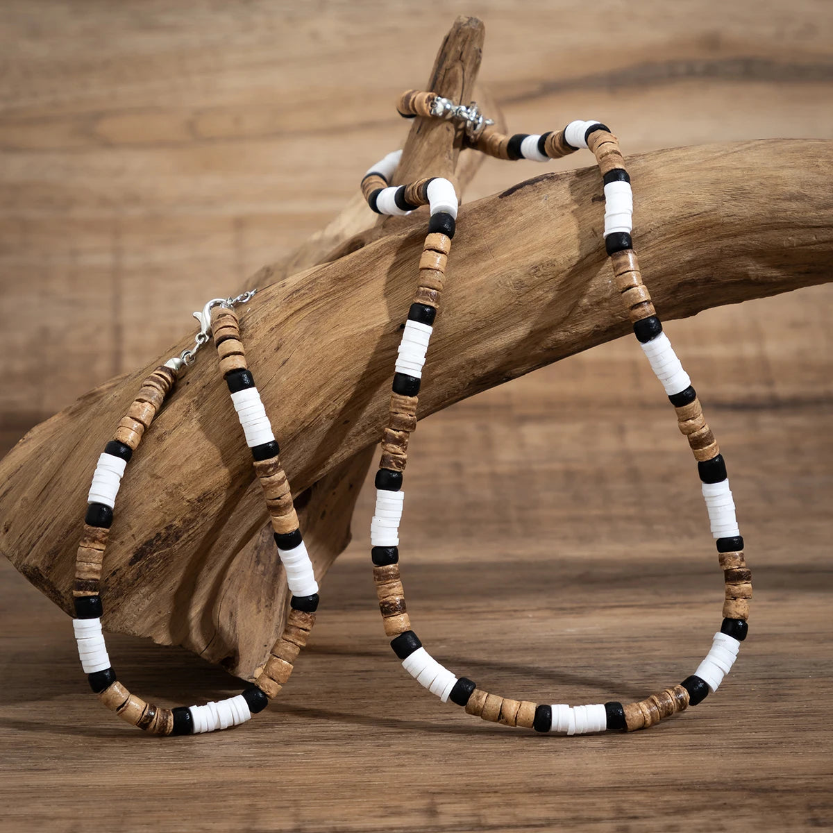 Trendy Men's Wood & Polymer Clay Bead Necklace & Bracelet Set