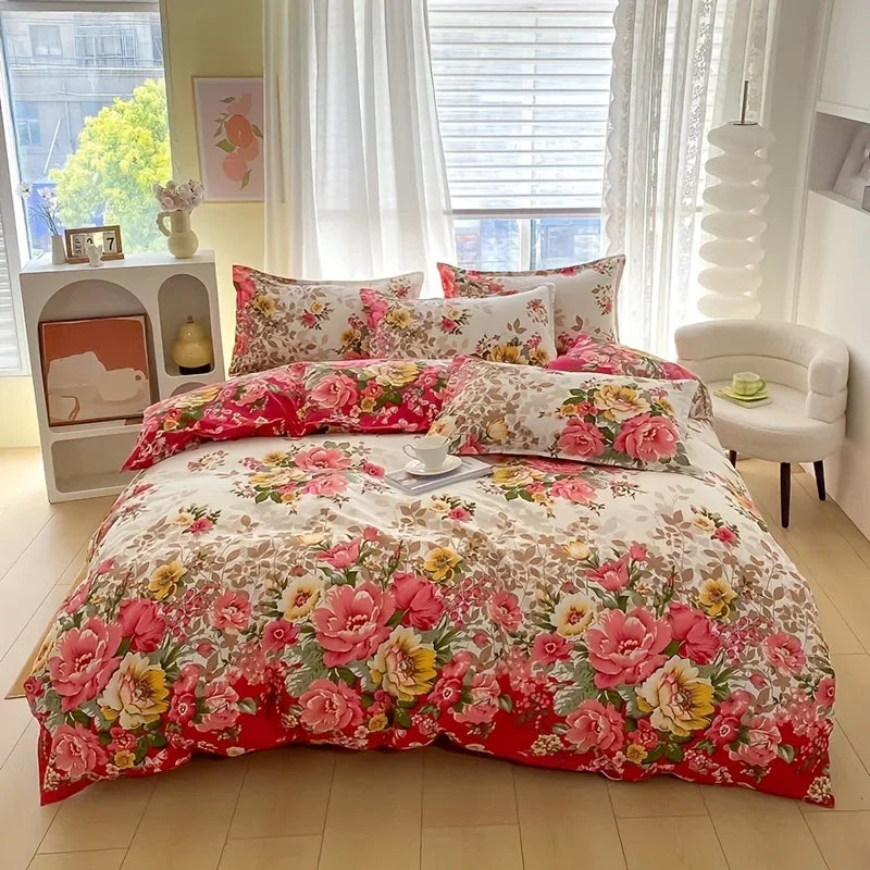 3 Pcs Floral Duvet Cover Set with Zipper Closure - 1 Duvet Cover and 2 Pillowcases